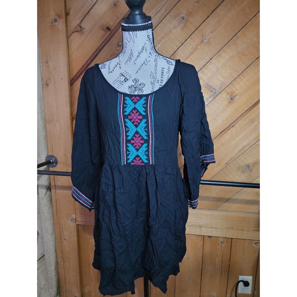 Roxy Womens Black Embroidered Boho Mini Dress 3/4 Sleeve V-Back Medium